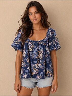 GAP Navy Floral Square-Neck Puff Sleeve Blouse